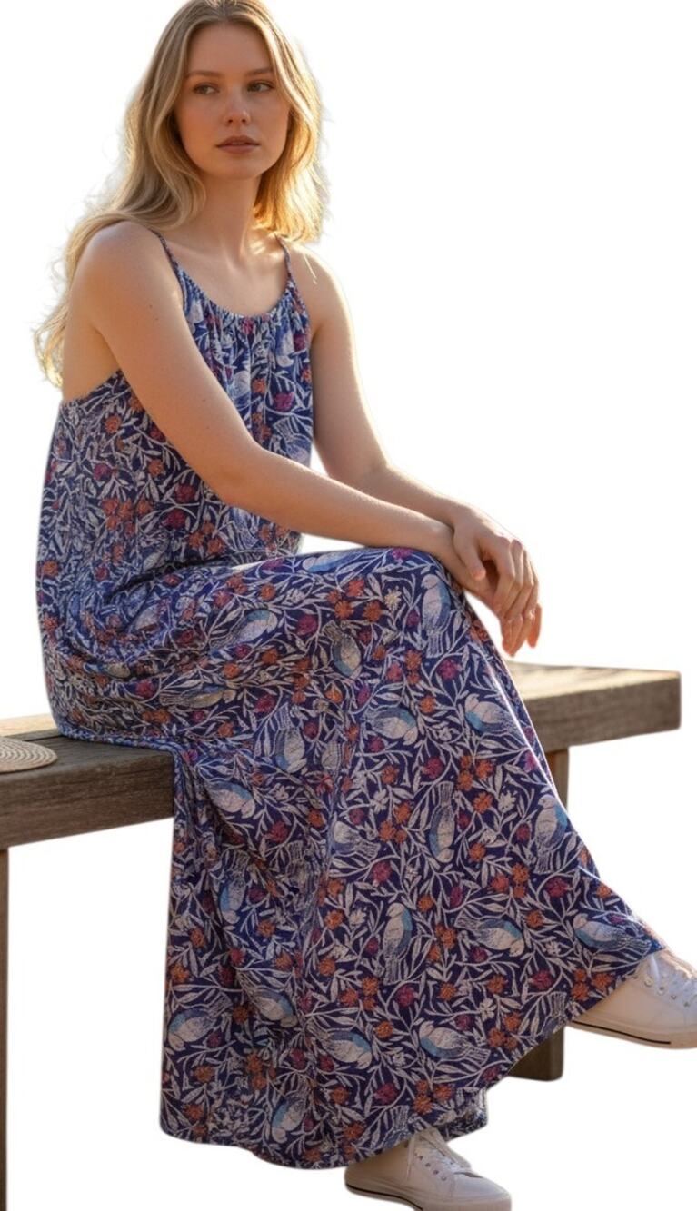 OLD NAVY Women's L Maxi Resort Dress Blue Bird Print Sleeveless Lined Chiffon
